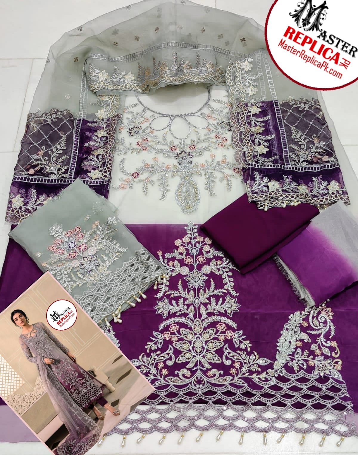 Maria b Organza Embroidered 2023 with Organza Emb Dupatta, Malai Trouser Fabric